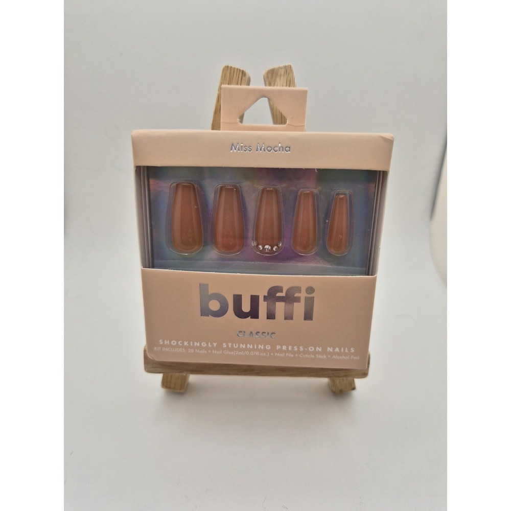 Buffi Classic Press On Nails  Miss Mocha – 26 Pc Kit w/ Glue – Nude Brown Coffin